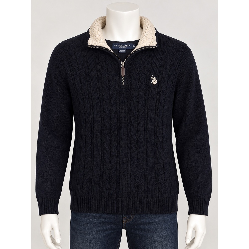 US Polo Assn Mens XL Navy Blue Cable Knit Sherpa Lined Quarter Zip Sweater